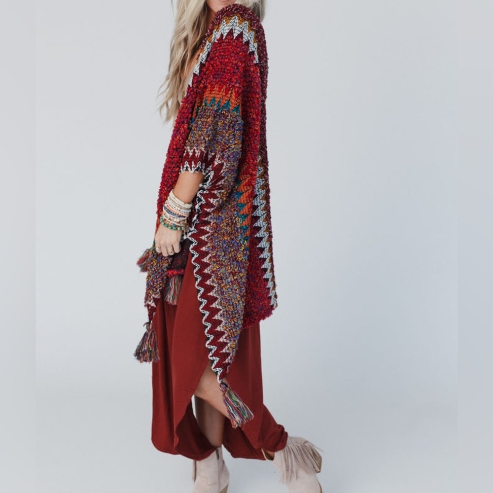Colorful Crochet Patterned Ruana in Maroon - Picture 6 of 15